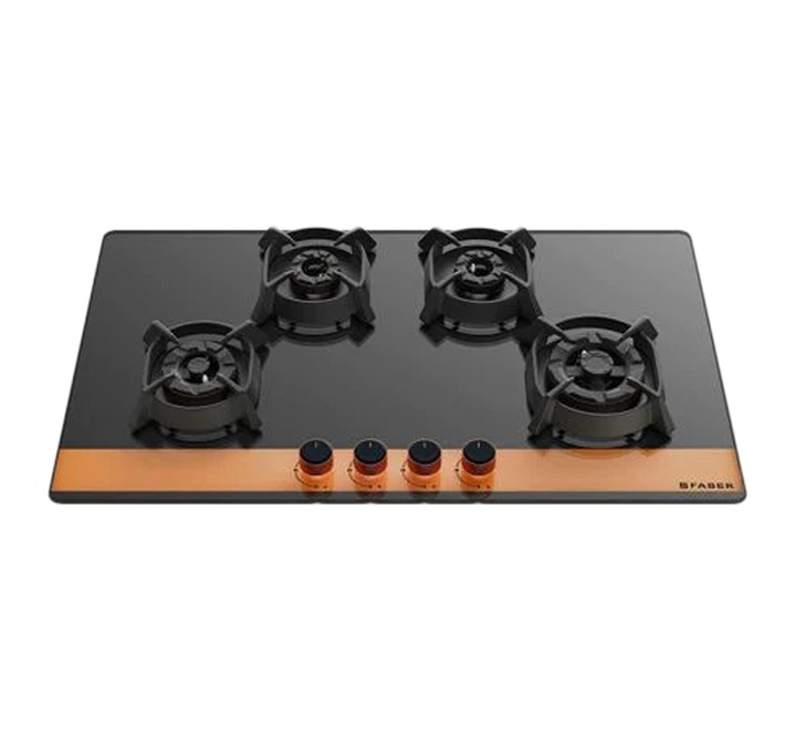 Faber Utopia Pro HT 804 BR CI 4 Burner Toughened Black Glass Built-in Gas Hob (Brass Burners 106.0679.386 Black) (UTOPIA PRO HT804BRCI)